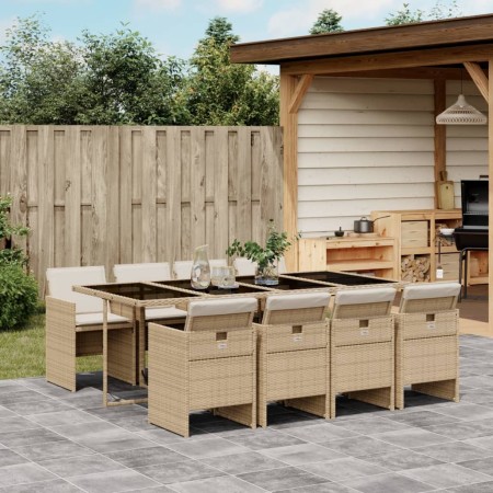 Set da Pranzo da Giardino 9 pz con Cuscini Beige in Polyrattan