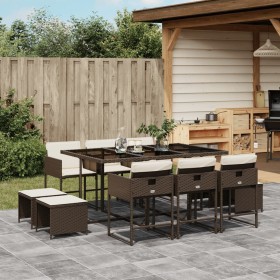 Set da Pranzo da Giardino 11 pz con Cuscini Polyrattan Marrone