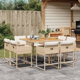 Set da Pranzo da Giardino 9 pz con Cuscini Beige in Polyrattan