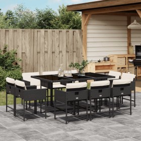 Set da Pranzo da Giardino 11 pz con Cuscini in Polyrattan Nero