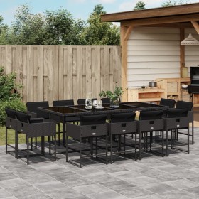 Set da Pranzo da Giardino 13pz con Cuscini Nero in Polyrattan