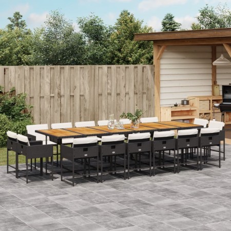 Set da Pranzo da Giardino 17 pz con Cuscini Nero in Polyrattan