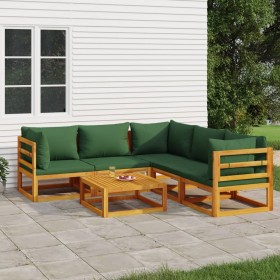 Set Salotto da Giardino 6pz con Cuscini Verdi in Legno Massello