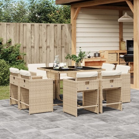 Set da Pranzo da Giardino 9 pz con Cuscini Beige in Polyrattan