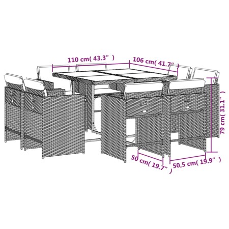 Set da Pranzo da Giardino 9 pz con Cuscini Beige in Polyrattan