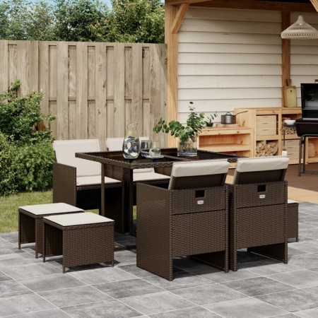 Set da Pranzo da Giardino 9pz con Cuscini Marrone in Polyrattan