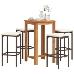 Set Bar Giardino 5pz Marrone Legno Massello Acacia e Polyrattan