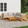 Set Salotto Giardino 6pz Cuscini Grigio Chiaro Legno Massello