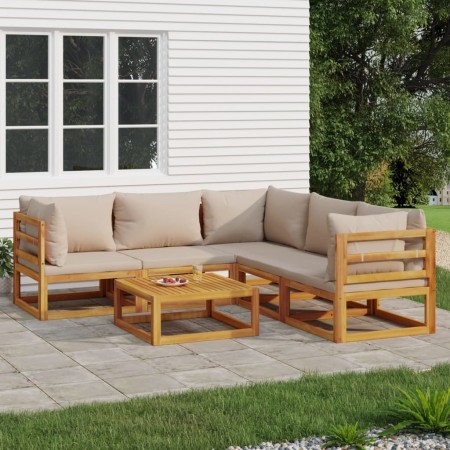 Set Salotto da Giardino 6pz con Cuscini Tortora Legno Massello