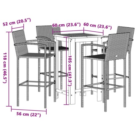 Set Bar da Giardino 5 pz Nero in Legno Acacia e Polyrattan