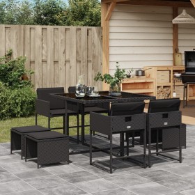 Set da Pranzo da Giardino 9 pz con Cuscini Nero in Polyrattan