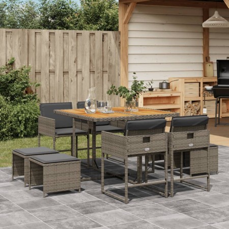 Set da Pranzo da Giardino 9 pz con Cuscini in Polyrattan Grigio