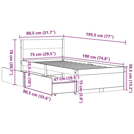 Giroletto con Cassetti 75x190 cm in Legno Massello di Pino