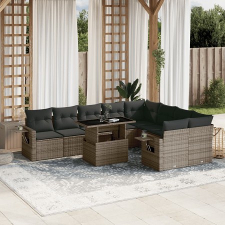 Set Divano da Giardino 10 pz con Cuscini Grigio in Polyrattan