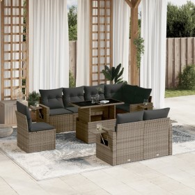 Set Divano da Giardino 9 pz con Cuscini Grigio in Polyrattan