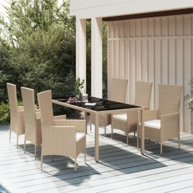 Set da Pranzo da Giardino 7 pz con Cuscini Beige in Polyrattan