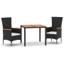 Set da Pranzo da Giardino 3 pz con Cuscini Nero in Polyrattan