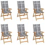 Sedie Giardino 6 pz con Cuscini Grigi a Quadri Massello di Teak