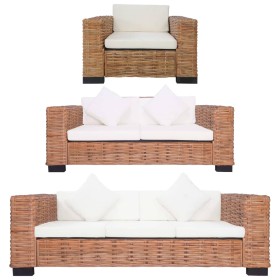 Set Divani 3 pz con Cuscini in Rattan Naturale