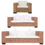 Set Divani 3 pz con Cuscini in Rattan Naturale