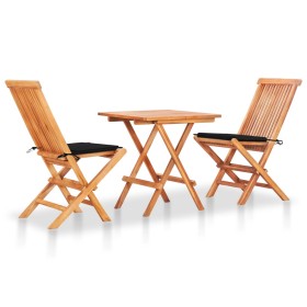 Set da Bistrot 3 pz con Cuscini Neri in Legno Massello di Teak