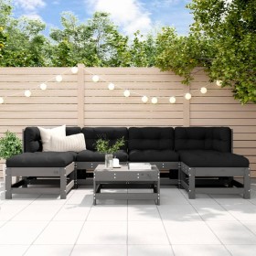 Set Divani da Giardino 7pz con Cuscini in Legno Massello Grigio