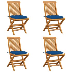 Sedie da Giardino con Cuscini Blu 4 pz Massello di Teak