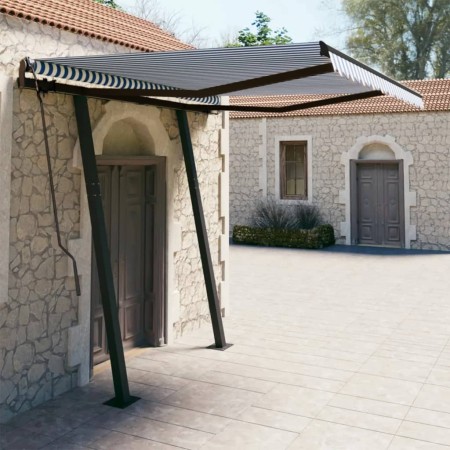 Tenda da Sole Retrattile Manuale con Pali 3,5x2,5m Blu e Bianca