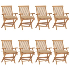 Sedie da Giardino con Cuscini Beige 8pz Legno Massello di Teak