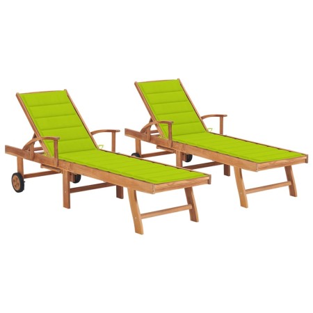 Lettini Prendisole 2 pz con Cuscino Verde Brillante in Teak