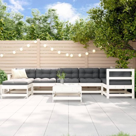 Set Divani da Giardino 8pz con Cuscini in Legno Massello Bianco