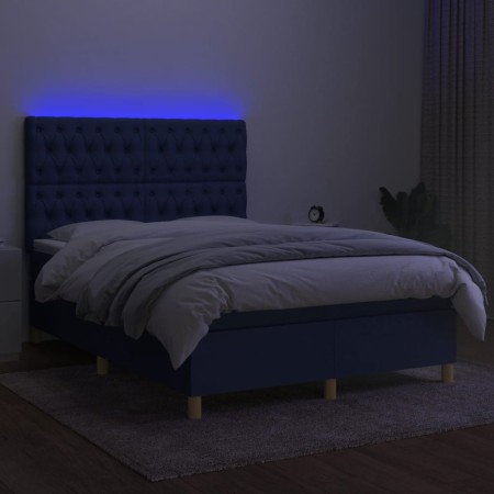 Letto a Molle con Materasso e LED Blu 140x200 cm in Tessuto