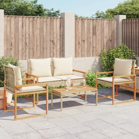 Set Salotto da Giardino 4 pz con Cuscini Beige Misto Polyrattan