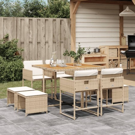 Set da Pranzo da Giardino 9 pz con Cuscini Beige in Polyrattan