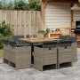 Set da Pranzo da Giardino 9 pz con Cuscini in Polyrattan Grigio