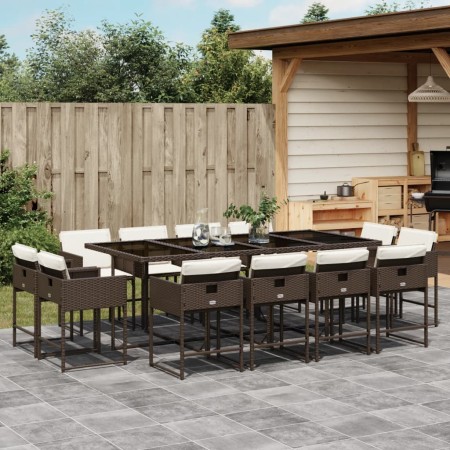 Set da Pranzo da Giardino 13pz con Cuscini Marrone Polyrattan