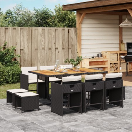 Set da Pranzo da Giardino 11 pz con Cuscini in Polyrattan Nero