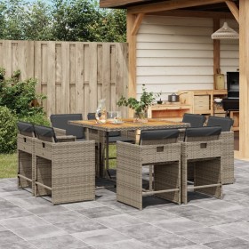 Set da Pranzo da Giardino 9 pz con Cuscini in Polyrattan Grigio