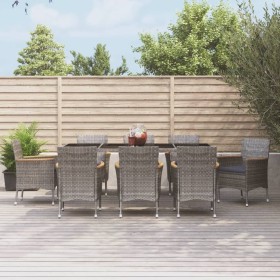 Set da Pranzo da Giardino 9 pz con Cuscini in Polyrattan Grigio