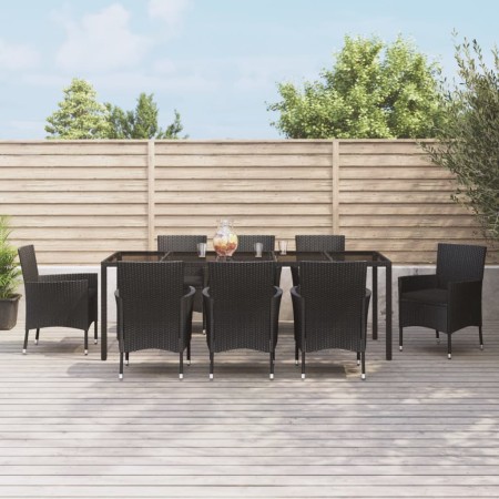 Set da Pranzo da Giardino 9 pz con Cuscini Nero in Polyrattan