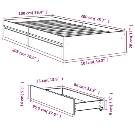 Giroletto con Cassetti Nero 100x200 cm in Legno Multistrato