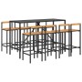 Set Bar Giardino 9 pz Nero Polyrattan e Legno Massello Acacia