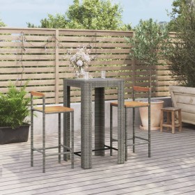 Set Bar Giardino 3pz Grigio Polyrattan e Legno Massello Acacia