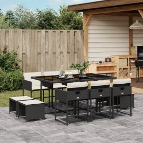 Set da Pranzo da Giardino 11 pz con Cuscini in Polyrattan Nero