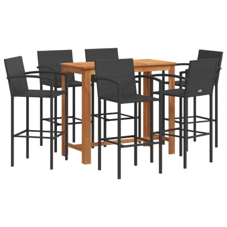 Set Bar da Giardino 7 pz Nero in Legno Acacia e Polyrattan