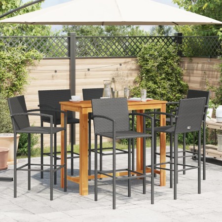 Set Bar da Giardino 7 pz Nero in Legno Acacia e Polyrattan