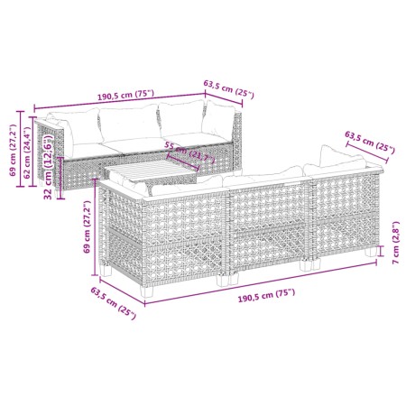 Set Divani da Giardino con Cuscini 7pz Nero Polyrattan