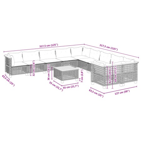 Set Divani da Giardino 11 pz con Cuscini in Polyrattan Grigio