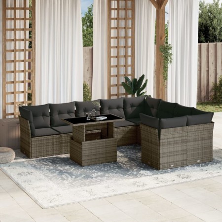 Set Divano da Giardino 10 pz con Cuscini Grigio in Polyrattan