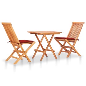 Set da Bistrot 3 pz con Cuscini Rossi in Legno Massello di Teak